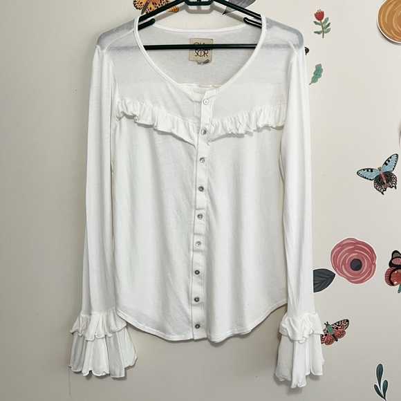 Chaser White Ruffle Button-Up Women's Knit Top M - Picture 2 of 8
